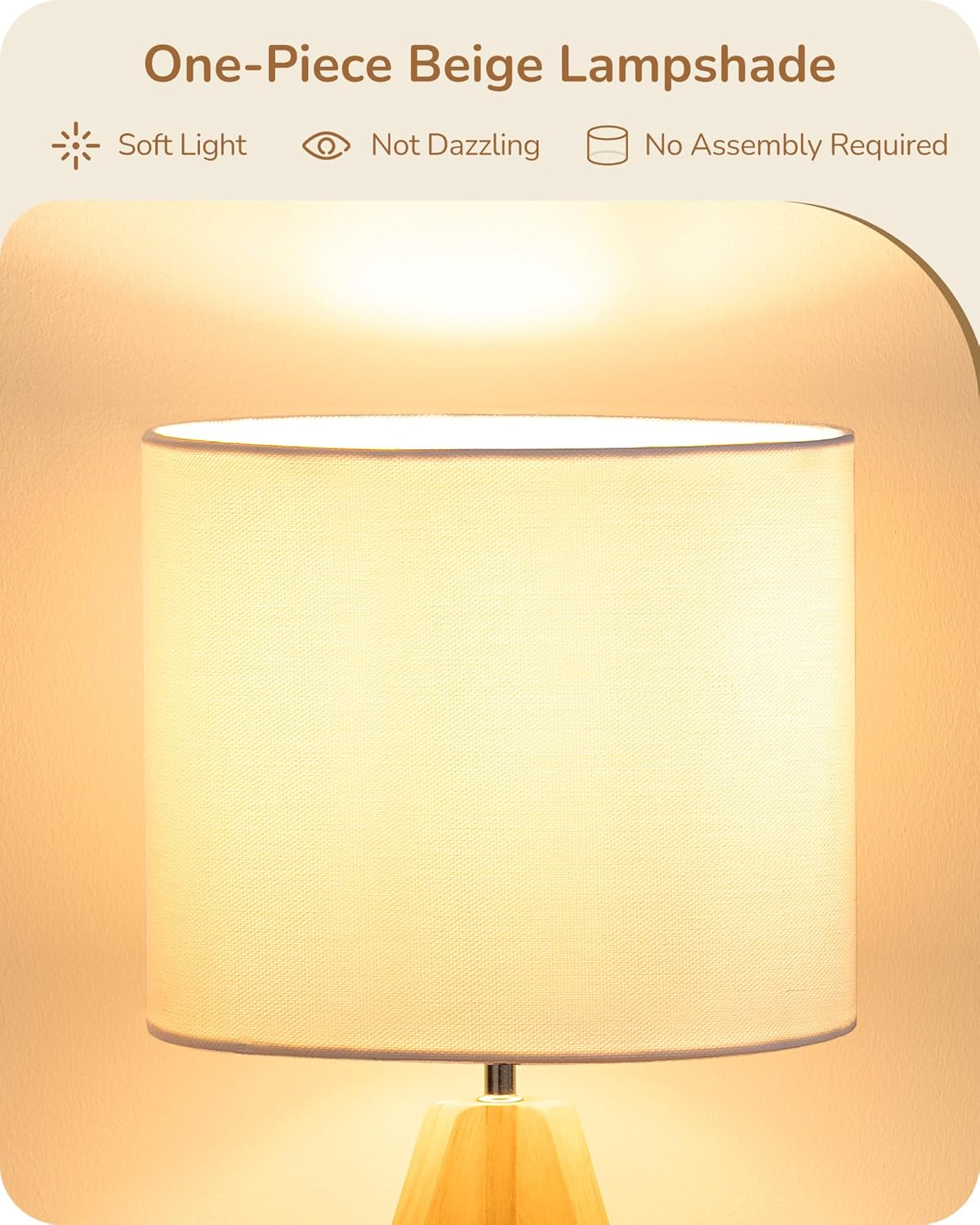 EDISHINE Tripod Table Lamp, Small Cute Bedside Lamp with Linen Beige Lampshade, Nightstand Lamp for Nursery, Bedroom, Kid Room, Living Room, Light Brown Wooden Base, E26 Socket, 14.2 Inch