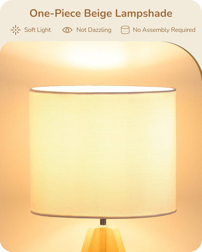 EDISHINE Tripod Table Lamp, Small Cute Bedside Lamp with Linen Beige Lampshade, Nightstand Lamp for Nursery, Bedroom, Kid Room, Living Room, Light Brown Wooden Base, E26 Socket, 14.2 Inch