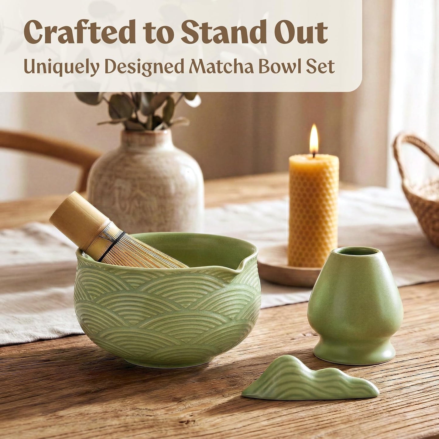 EDELHAUS Matcha Kit Whisk Set (7 Pcs) - Complete Matcha Set, Matcha Bowl with Spout, Whisk with Holder, Bamboo Scoop with Rest and Sifter, Perfect Kit for Matcha Lovers (Green Mist)