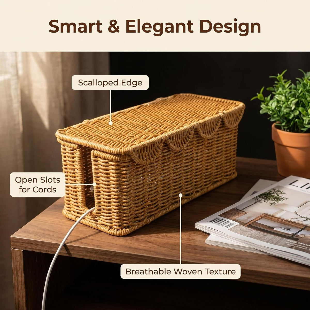 Cable Management Box Handwoven Faux Rattan Cord Basket with Lid (Scallop)