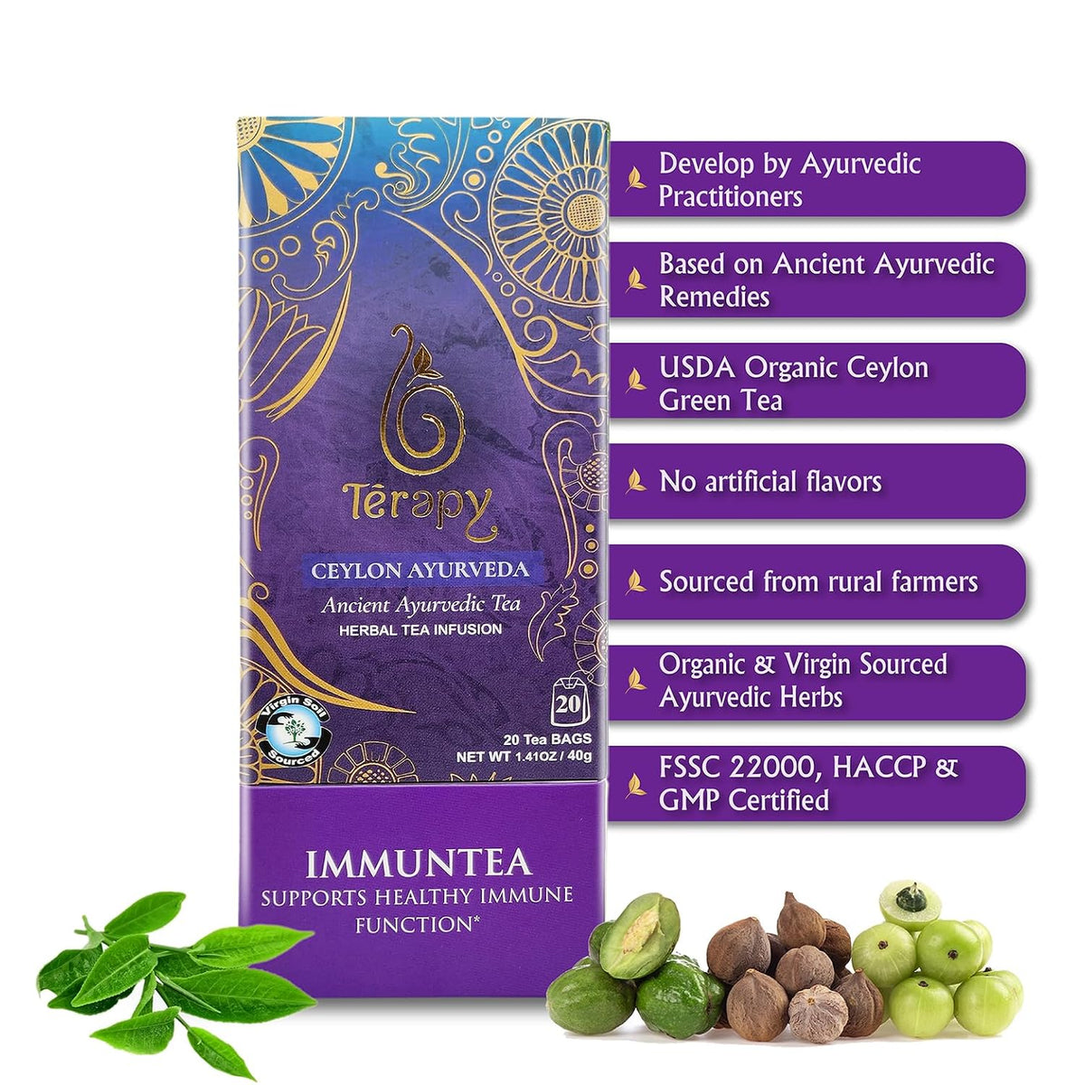 TERAPY ImmunTea Triphala & Ginger Ayurvedic Healthy Herbal Tea Mix, 20 Bags