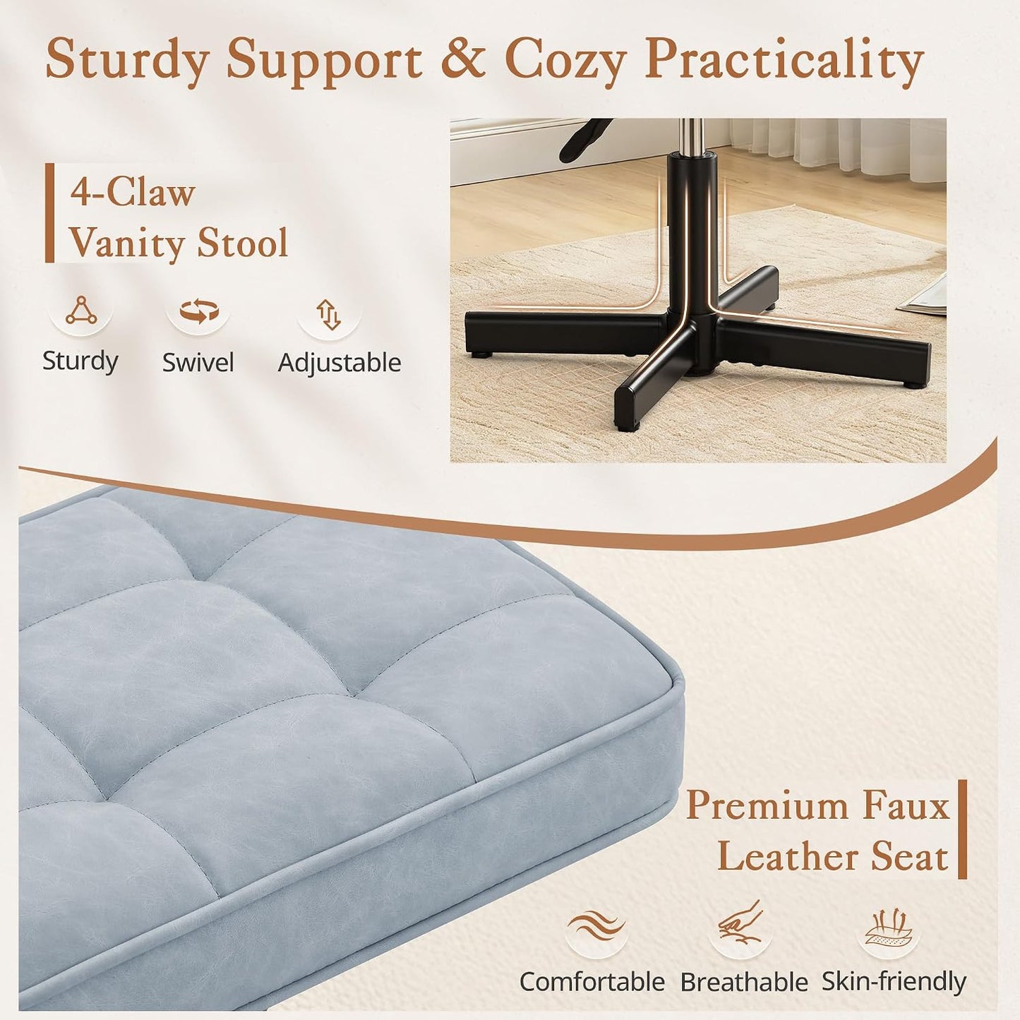 LUE BONA Adjustable Vanity Stool, Foot Rest Under Desk, 360° Swivel Vanity Chair for Makeup Room, Black Upholstered Faux Leather Ottoman for Bathroom & Living Room, 300lbs