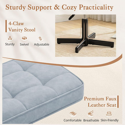 LUE BONA Adjustable Vanity Stool, Foot Rest Under Desk, 360° Swivel Vanity Chair for Makeup Room, Black Upholstered Faux Leather Ottoman for Bathroom & Living Room, 300lbs