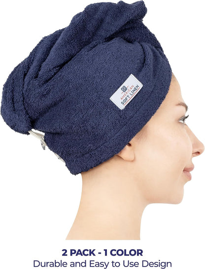 American Soft Linen 100% Cotton Hair Towels for Women, Head Towel Cap, Cotton Hair Turban Towel Wrap for Long Curly Anti Frizz Hair, Soft and Absorbent Cotton Hair Towels 2 Pack, White