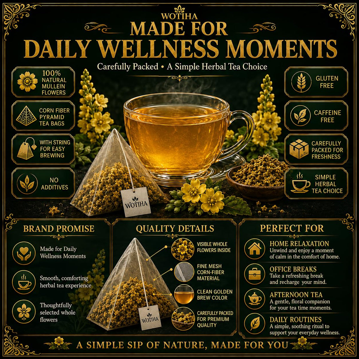 WOTIHA Mullein Leaf Tea Bags 150 Ct - Pure Herbal Tea for Lung Health