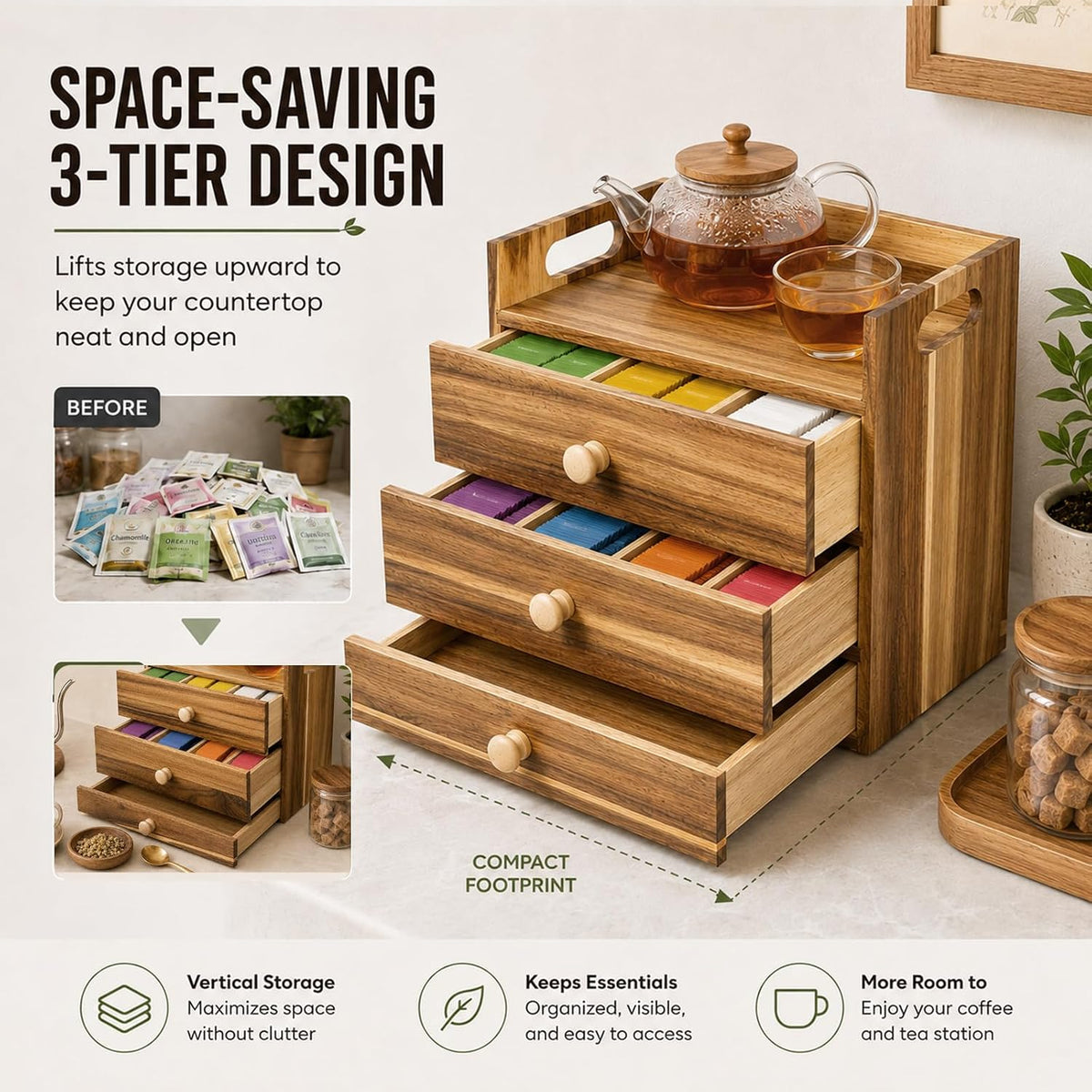 Acacia Wood Tea Bag Organizer, 3-Tier Tea Organizers with 14 Compartments