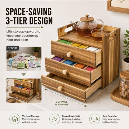 Acacia Wood Tea Bag Organizer, 3-Tier Tea Organizers with 14 Compartments