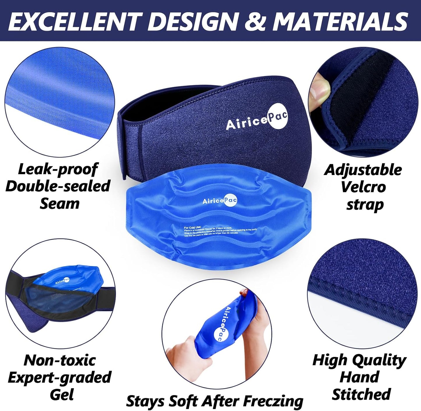 AiricePac Ice Pack for Back Pain Relief, Reusable Gel Lower Back Wrap, Cold Compress Therapy for Waist Lumbar Injuries, Sciatic Nerve, Herniated or Degenerative Disc, Coccyx, Tailbone Pain Blue