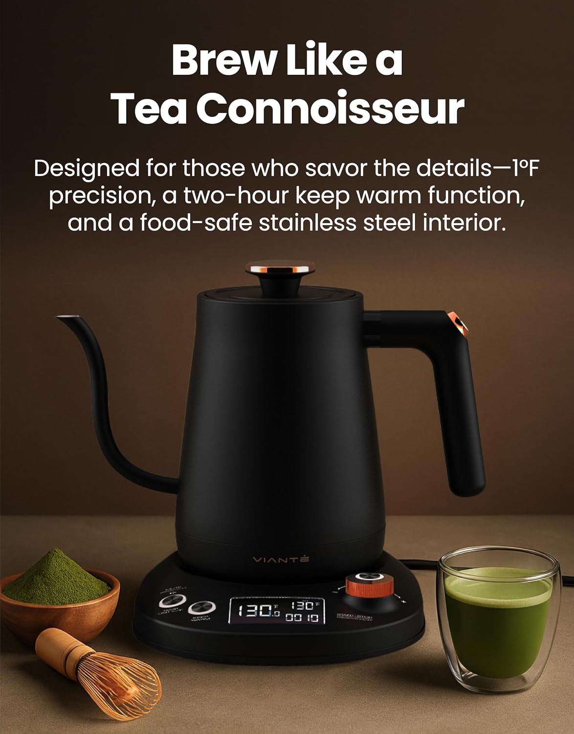 Viante Alba Electric Tea Kettle with Infuser, No Plastic In Contact With Water, 1.5L Borosilicate Glass, 304 Stainless Steel, 4 Temperature Presets, Keep Warm, Cordless, Auto Shut-Off