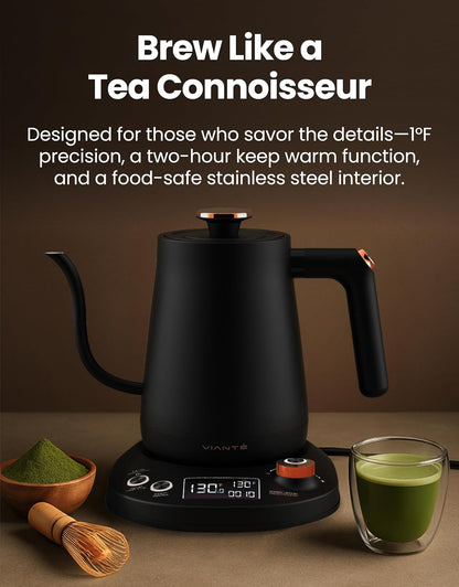 Viante Alba Electric Tea Kettle with Infuser, No Plastic In Contact With Water, 1.5L Borosilicate Glass, 304 Stainless Steel, 4 Temperature Presets, Keep Warm, Cordless, Auto Shut-Off