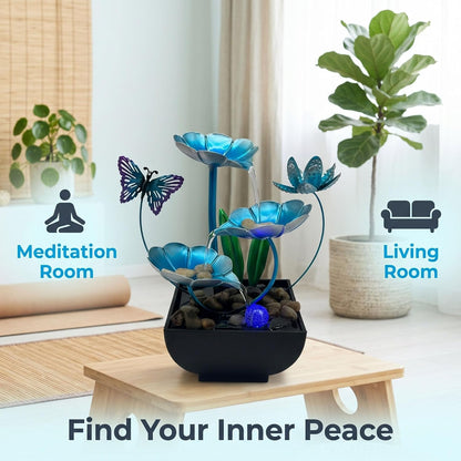 Tabletop Fountain,Indoor Water Fountain,Home Fengshui Décor Zen Relaxation Soothing Sound Machine for Office,Living Room,or Bedroom,Green Lotus,Hummingbird & Pink Flower,9.1inch
