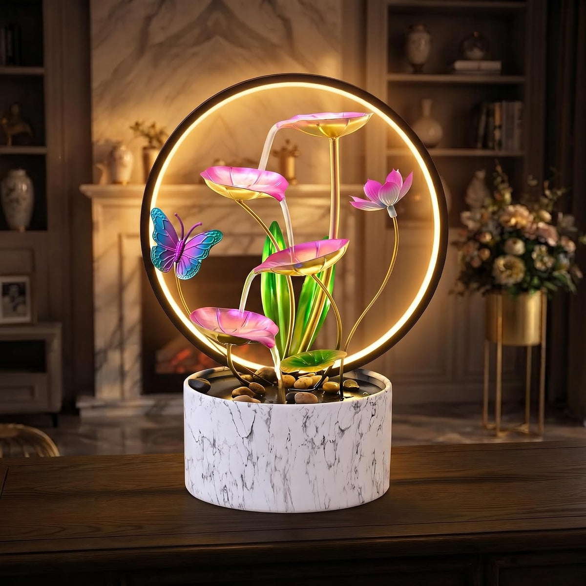 11‘’ H Pink Tabletop Water Fountain, Zen Desktop Waterfall, Indoor Lotus Desktop Decorative Fountain, Home Bathroom Bedroom Decor.