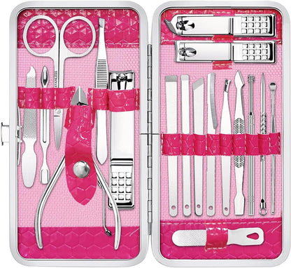 Yougai Manicure Set 18 Pieces Professional Nail Clippers Pedicure Kit Men Women, Stainless Steel Fingernail Toenail Cutters, Nail Care Grooming Tools with Leather Travel Case