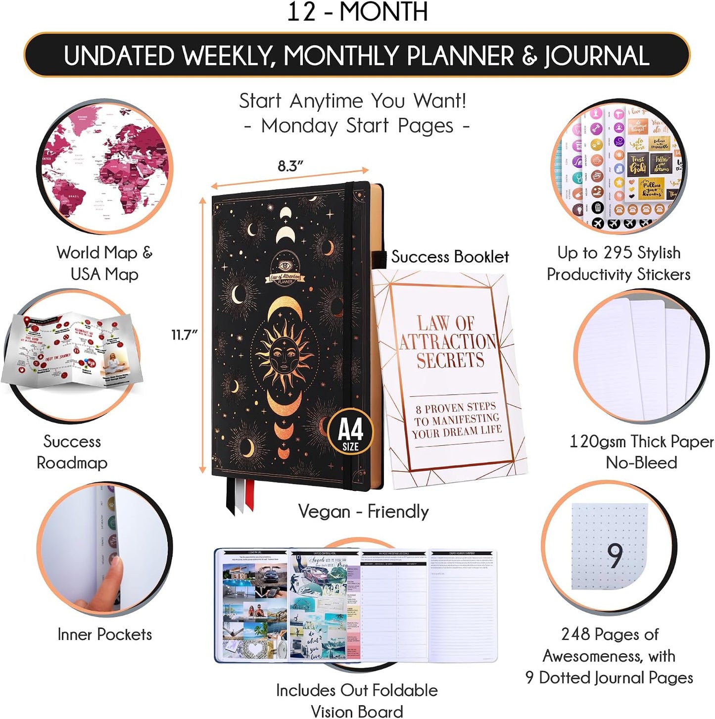 Life Planner - Undated Weekly & Monthly Planner, 12-Month Journey to Increase Productivity | Gratitude Journal, Life Organizer & Goal Journal | Include Foldable Vision Board, Habit Tracker & Stickers