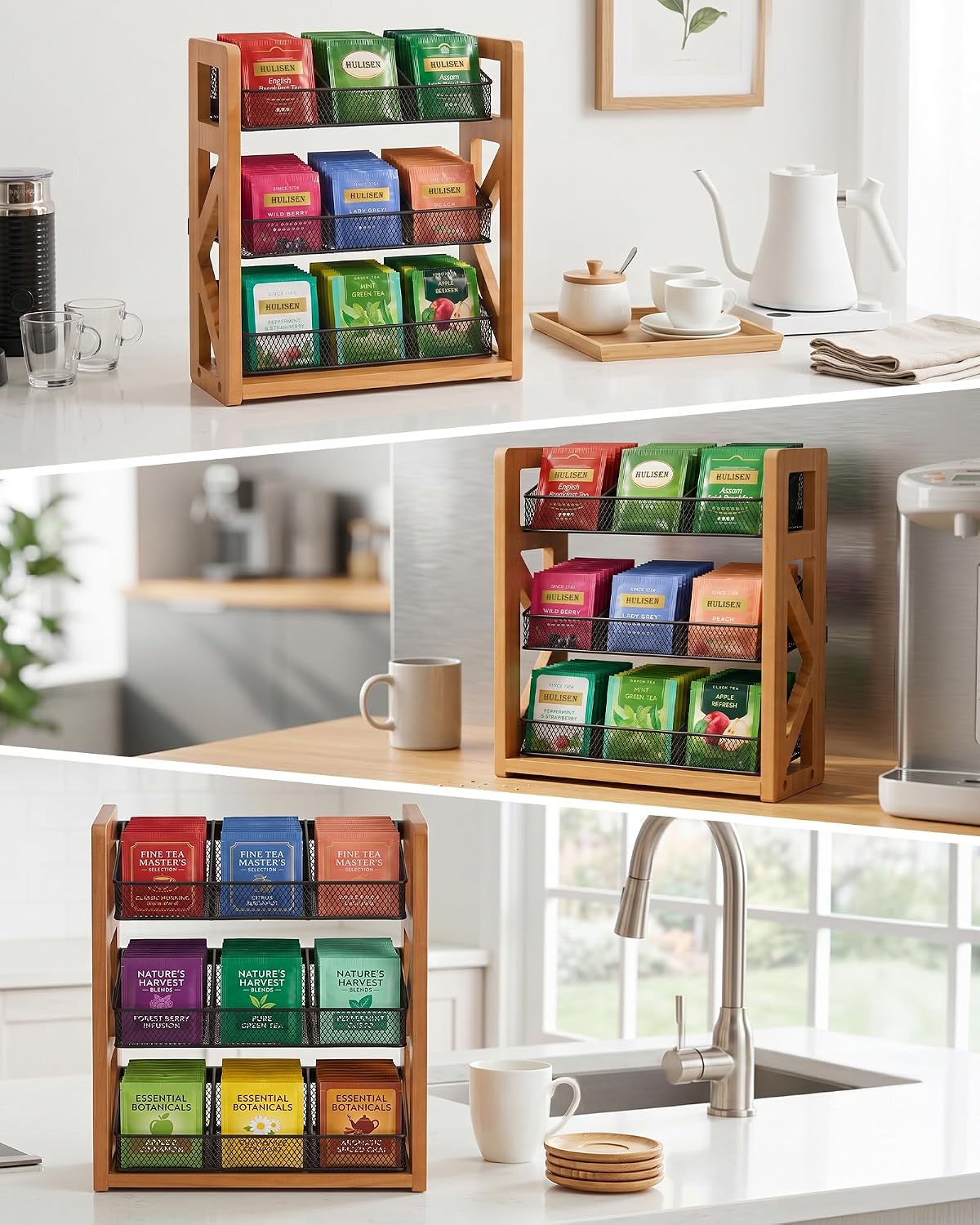 HULISEN Tea Bag Organizer, 3 Tier Tea Bag Holder, Holds Up to 120 Teabags