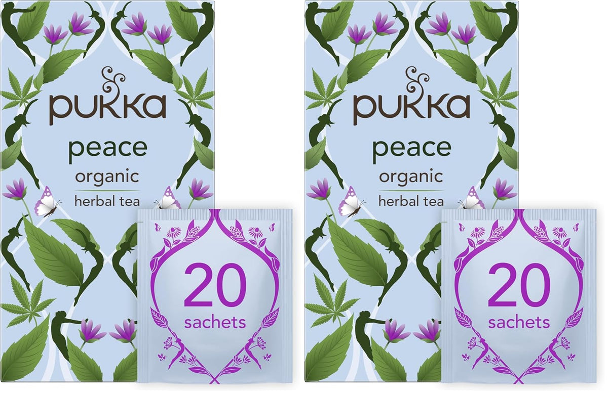 Pukka Organic Peace Herbal Tea with Spearmint, Ashwagandha, and Hemp Seed Oil, Caffeine Free, 20 Total Tea Bags (Pack of 2)