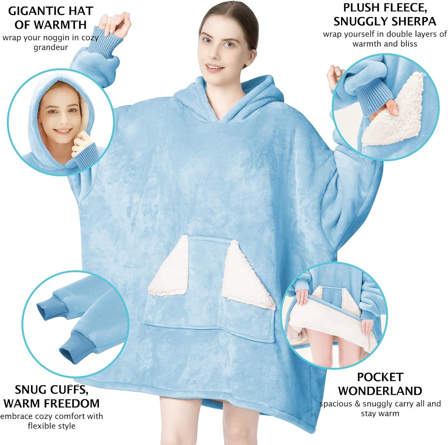 Touchat Wearable Blanket Hoodie, Oversized Sherpa Blanket Sweatshirt with Hood Pocket and Sleeves, Super Soft Warm Plush Hooded Blanket for Adult Women Men, One Size Fits All (Pink)