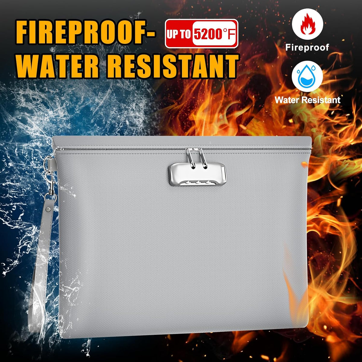 Fireproof Document Bag with Lock,Waterproof Money Pouch,14.3"x10.2"