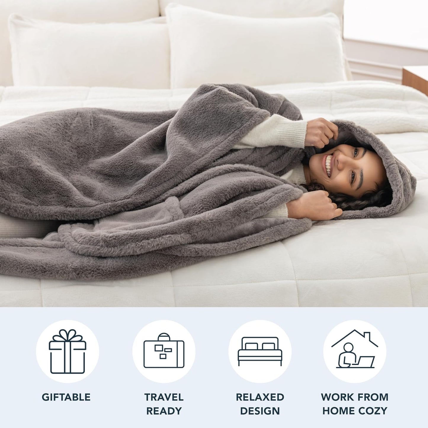 Berkshire Faux Fur Wearable Blanket, Cozy Reversible Loftmink Fleece Shawl with Hood & Side Pockets
