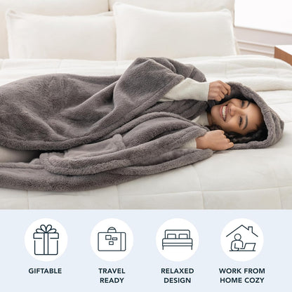 Berkshire Faux Fur Wearable Blanket, Cozy Reversible Loftmink Fleece Shawl with Hood & Side Pockets