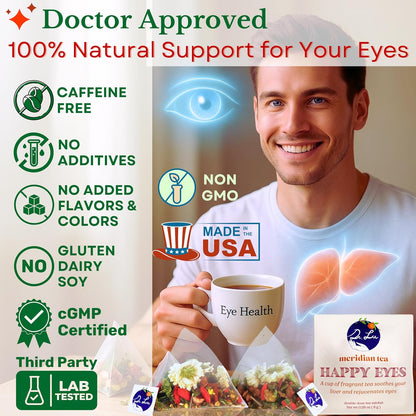 Dr. Lu’s Happy Eyes Tea | 100% Natural Eyebright Tea for Liver Cleanse | Liver Detox tea for Eye Health | Chrysanthemum, Cassia Seed, Goji Berry 8 Premium Herbs in Corn Fiber Pyramid Bags | Made in US