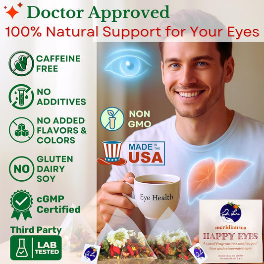 Dr. Lu’s Happy Eyes Tea | 100% Natural Eyebright Tea for Liver Cleanse | Liver Detox tea for Eye Health | Chrysanthemum, Cassia Seed, Goji Berry 8 Premium Herbs in Corn Fiber Pyramid Bags | Made in US