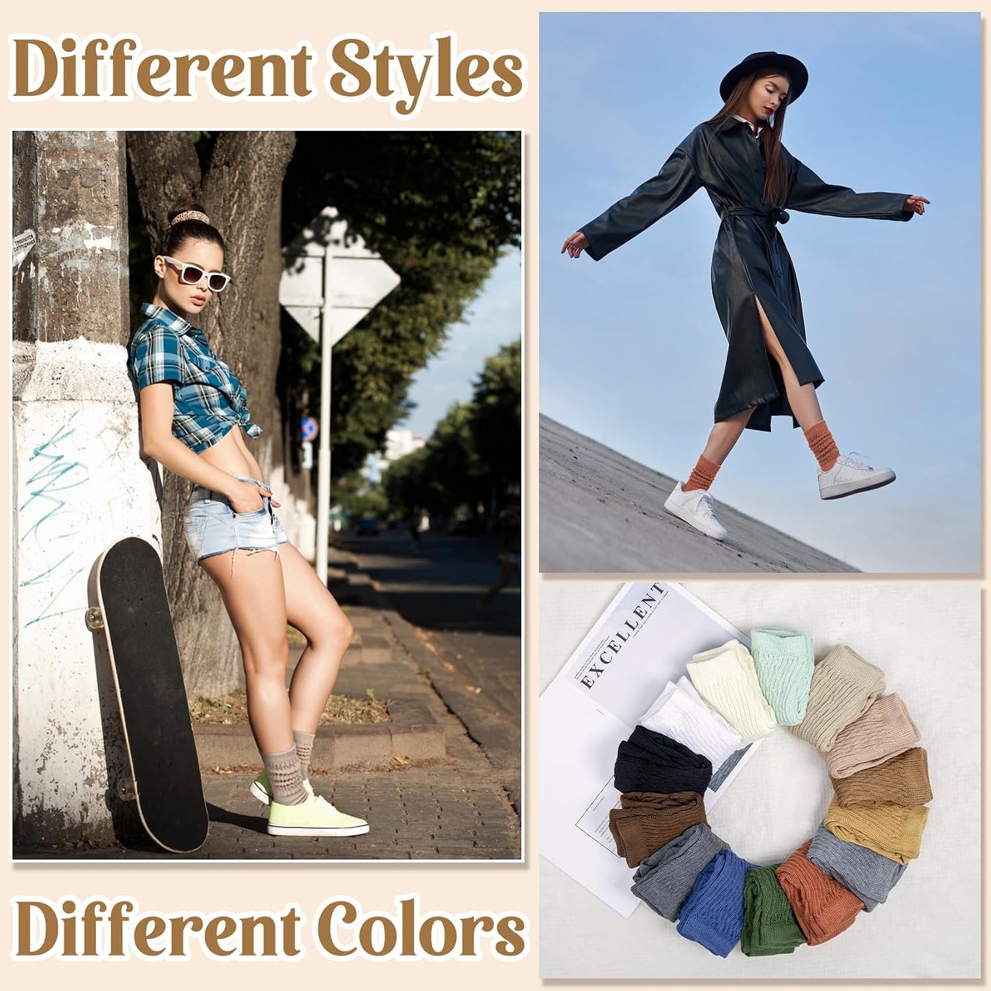 Justay 5 Pairs Slouchy Socks for Women - Slouch Long Crew Knit Boot Athletic Calf Tube Scrunch Socks