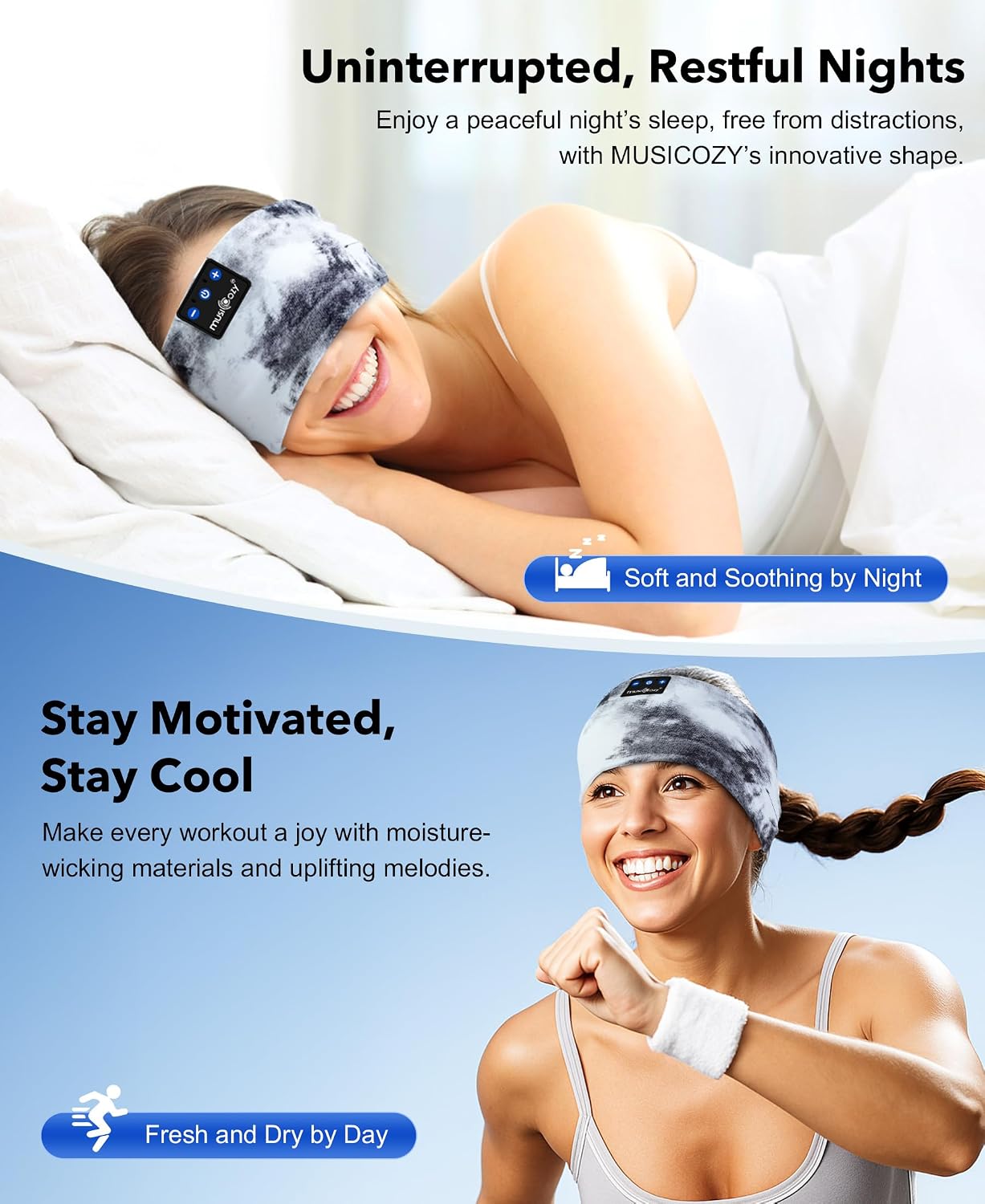 MUSICOZY Sleep Headphones Bluetooth 5.4 Headband, Wireless Earphones Sweat Resistant Earbuds with Ultra-Thin HD Stereo Speaker for Workout Running(Tie-dye Pink)