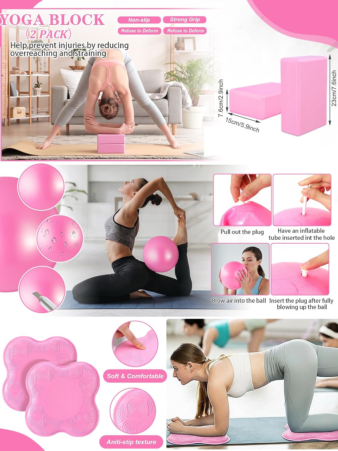 Gemscream 17 Pcs Yoga Essential Kit for Women, Pilates Equipment Starter Set for Beginners with Yoga Wheel Ball Blocks Strap Resistance Bands Wrist Rings Socks Towel & Carry Bag for Home Workouts