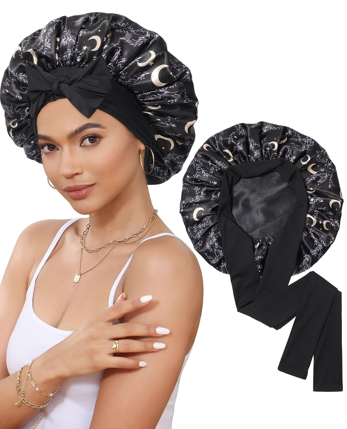 Satin Bonnet for Sleeping Cap Double Layer Hair Bonnet with Elastic Tie Band for Curly Hair Night Cap (Bean Paste + Pink)