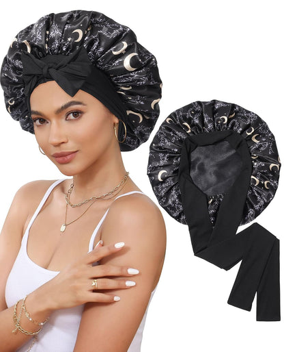 Satin Bonnet for Sleeping Cap Double Layer Hair Bonnet with Elastic Tie Band for Curly Hair Night Cap (Bean Paste + Pink)