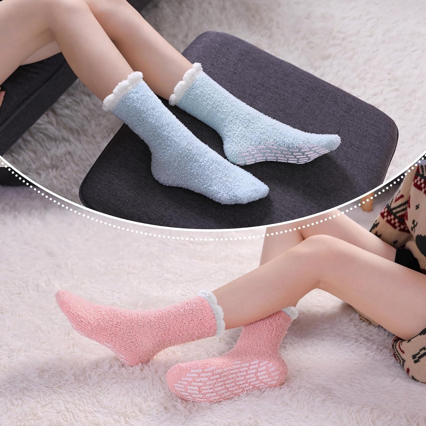 LINEMIN Non-Slip Fuzzy Socks for Women - Cozy Hospital Soft Fluffy Socks With Grips - Winter Warm Slipper