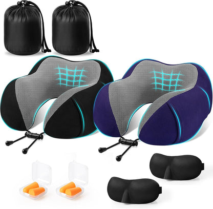 CloudBliss Travel Pillow for Airplane, Memory Foam Neck Pillow for Travel, Compact Flight Pillow with Eye Mask, Earplugs, Carry Bag, Travel Neck Pillow for Long Flight Sleep, Plane Accessories, Black