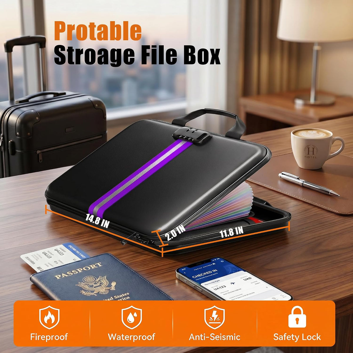 Fireproof Document Organizer with Lock, Semi-Rigid EVA Shell File Box with 13-Pocket Accordion Folder, Water-Resistant Storage for Important Documents, Passports & Certificates