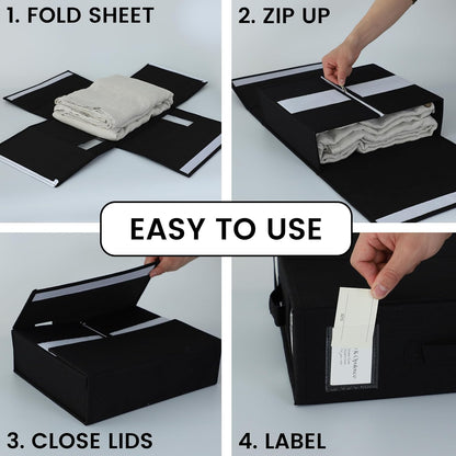 Simple&Opulence 4 Pack Bed Sheet Organizers and Storage, Linen Closet Organizers, Sheets Set Folder Storages with Window and Label (Queen/King Size) Organizing Bedding Container, Linen