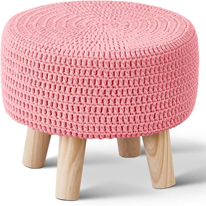 Wimarsbon Pouf Ottoman, 100% Cotton Knitted Boho Footstool, Round Footrest with Non-Skid Wood Legs, Home Décor Handmade Pouffe, Leisure Floor Step Stool for Living Room (Beige)