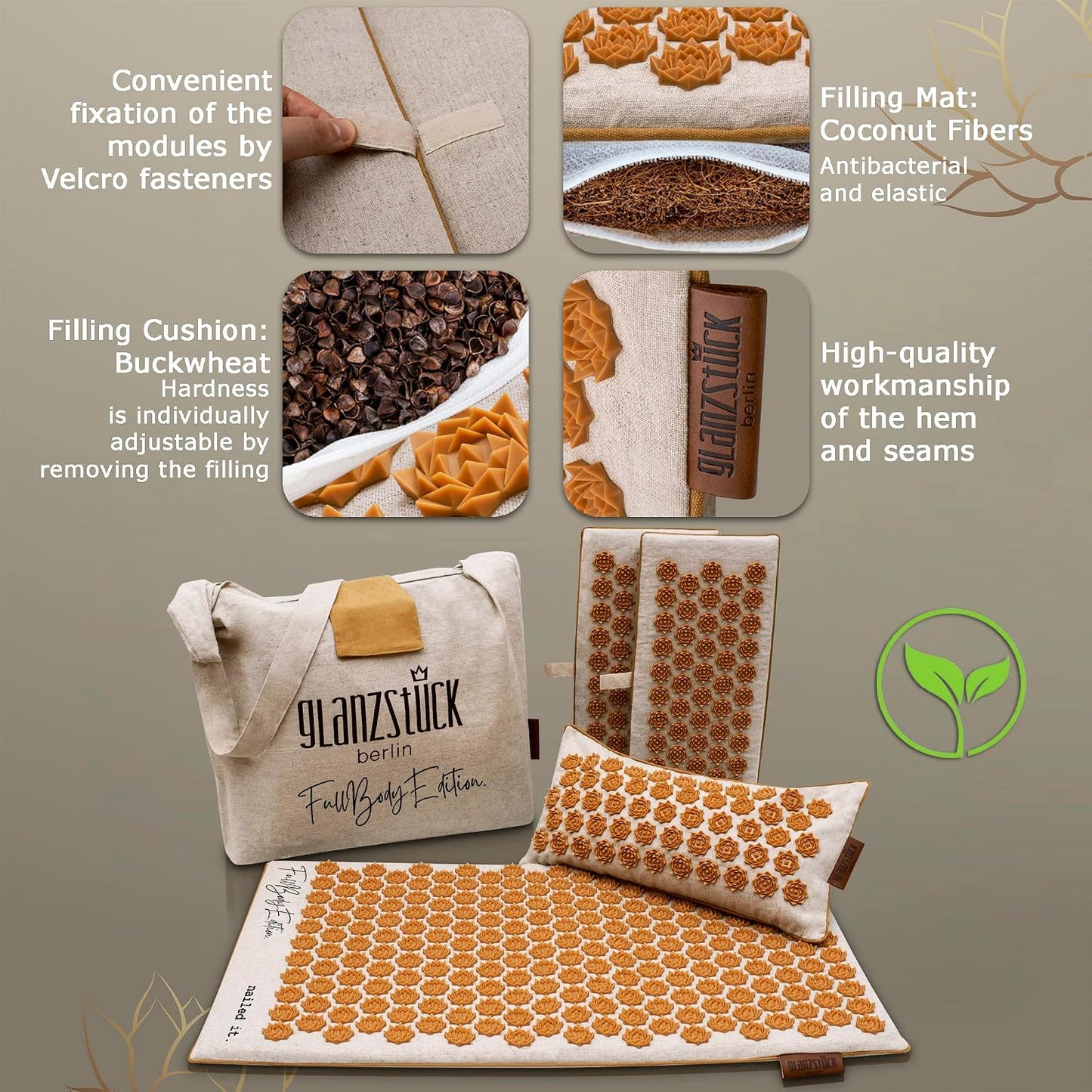 Glanzstück Berlin® Acupressure Mat Set Premium, Beginner Suitable, Made of Linen, Neck and Back Pain Relief, with Pillow (Heat Function) & Bag, Sustainable