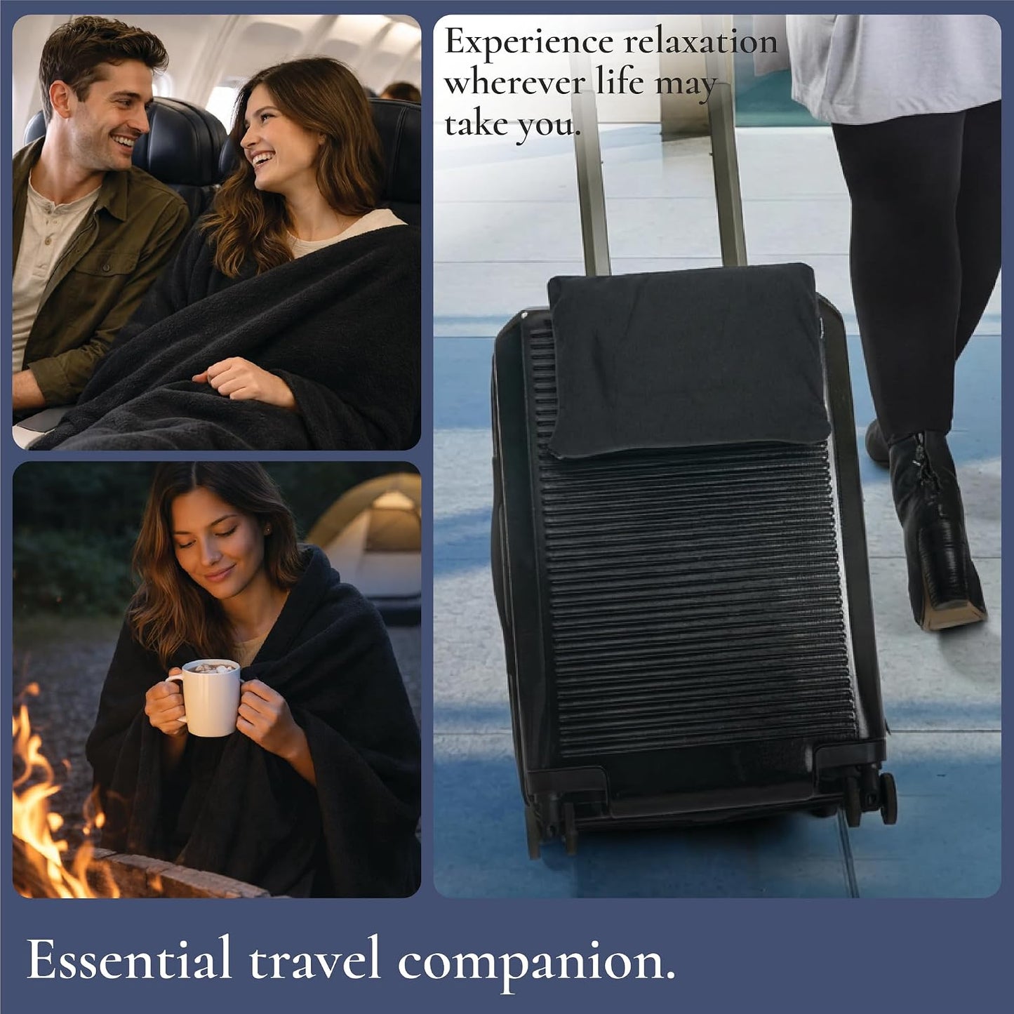 Brookstone Travel Blanket - 2-in-1 Super Soft Lightweight Throw Blanket with Carrying Pouch, Airplane & Car Travel Essentials, Blue