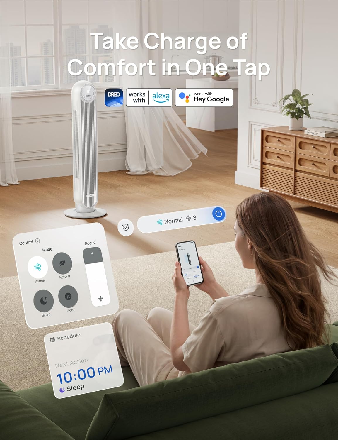 DREO Tower Fan for Bedroom, 2026 Upgraded DC Motor, 28ft/s Smart Standing Fans, 90° Oscillating Floor Fan with 20dB Ultra Quiet, 8 Speeds 4 Modes, 8H Timer, Bladeless, Remote, WiFi Voice Control