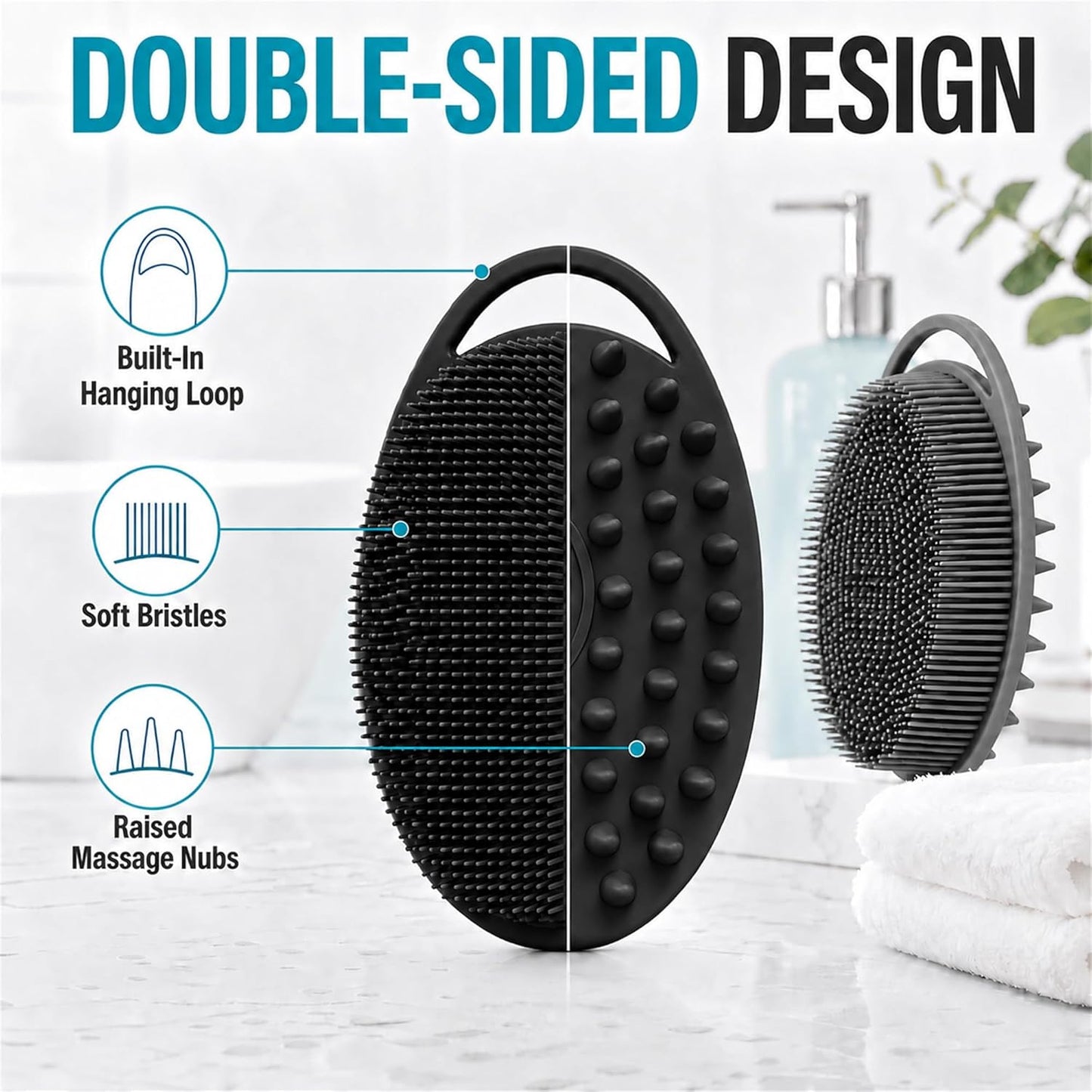 2 Pack Silicone Body Scrubber, Loofah Double-Sided Body Brush,Shower Scrubber and Scalp Massager Shampoo Brush for Sensitive Kids Women Men All Kinds of Skin (Black & Pink)