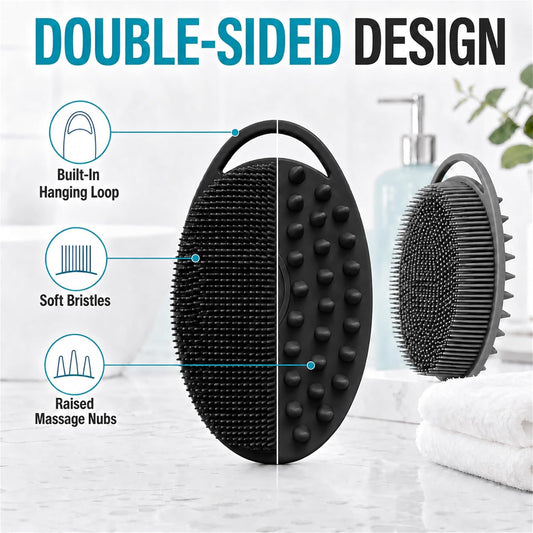 2 Pack Silicone Body Scrubber, Loofah Double-Sided Body Brush,Shower Scrubber and Scalp Massager Shampoo Brush for Sensitive Kids Women Men All Kinds of Skin (Black & Pink)