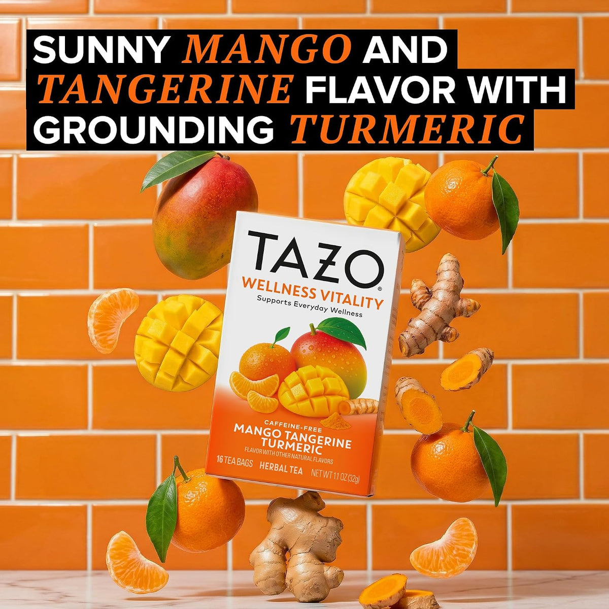 TAZO Herbal Tea Bags, Wellness Vitality Mango Tangerine Turmeric, 16 Count (Pack of 1)