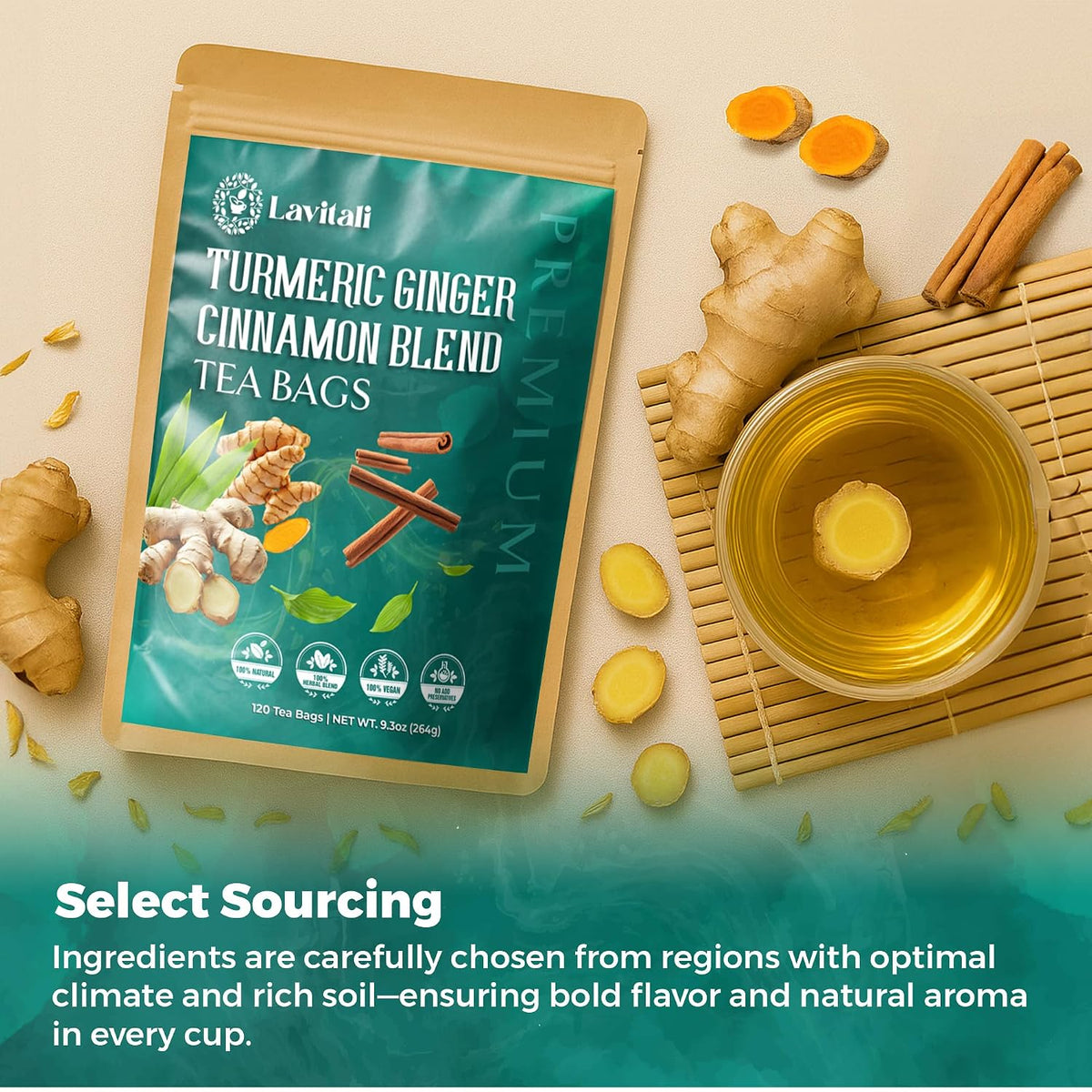 Lavitali, Ginger Turmeric Cinnamon Tea | 60 bags, 100% Pure Herbal Tea | Caffeine-Free, No Sugar, Eco-Friendly Filter Bag | Daily Natural Botanical, Hot or Iced Herbal Infusion