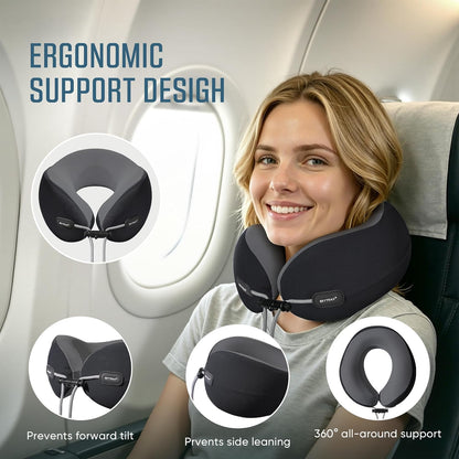 SKYTRAX COMF® Premium Ergonomic Memory Foam Travel Neck Pillow, Washable Cooling Ice Silk Cover, Firm Neck Support for Airplane Long Flights & Pain Relief, with Portable Carry Case (Grey)