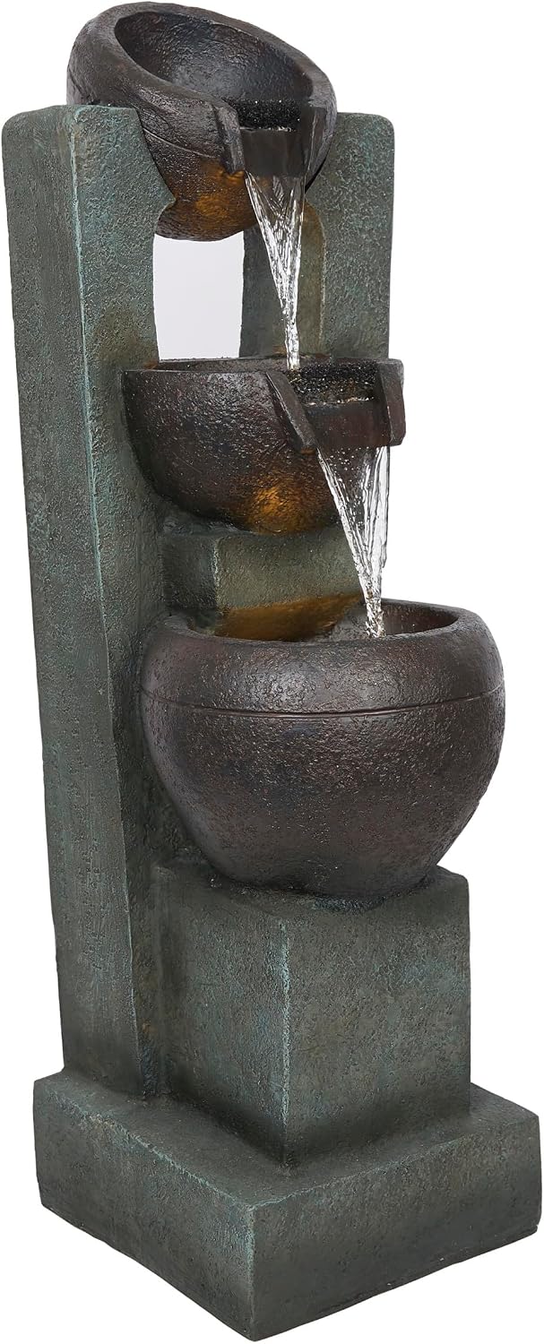 Alpine Corporatio 14" Tall Stoned Jar Cascading Water Fountain with LED Lights, Elegant Tabletop Water Feature for Home, Office, Living Room, and Bedroom Decor, Gray