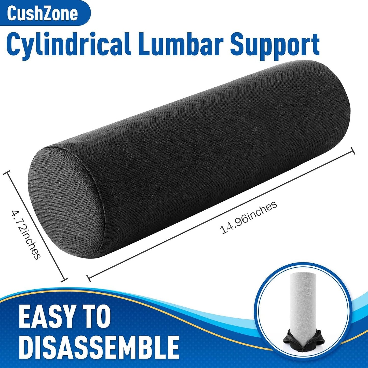 CushZone Lumbar Roll Support Pillow for Office Chair, Car, Gaming Chair, Memory Foam Back Cushion with Washable Cover for Relieving Back Pain & Improving Posture,Black