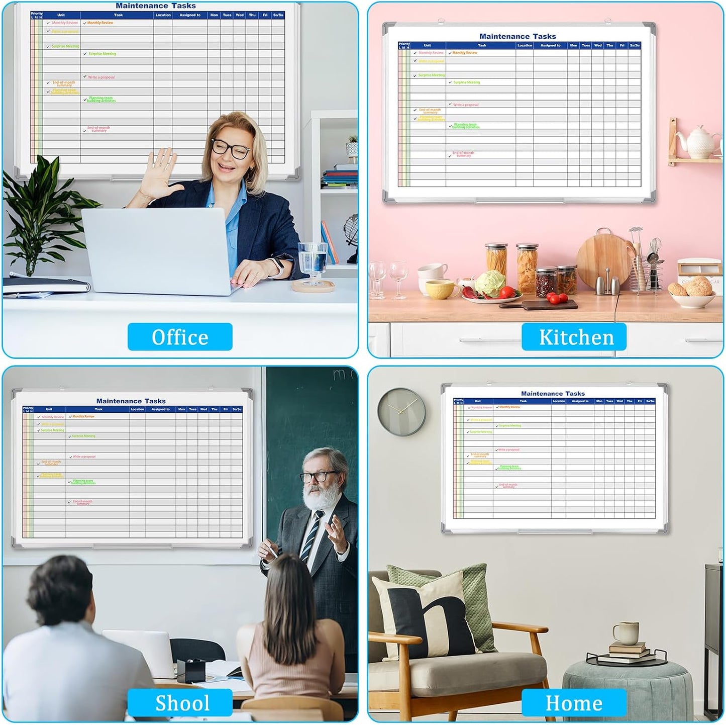 Lincia Double Sided Magnetic Maintenance Task Whiteboard Large Dry Erase 36 x 24 Inch Erasable Task Planner White Board for Wall Employee Assignment Tracker for Office Managing and Tracking Tasks