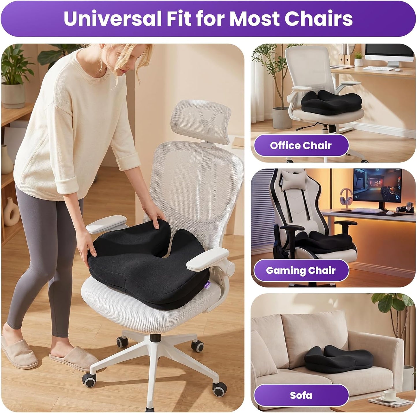 ZZ-WELL Seat Cushion for Office Chairs, Black, 21.2 Inches | Coccyx Cushion for Tailbone Pain, Memory Foam, Extra Large Thick, Patented Pressure Relief, Computer Gaming Chair