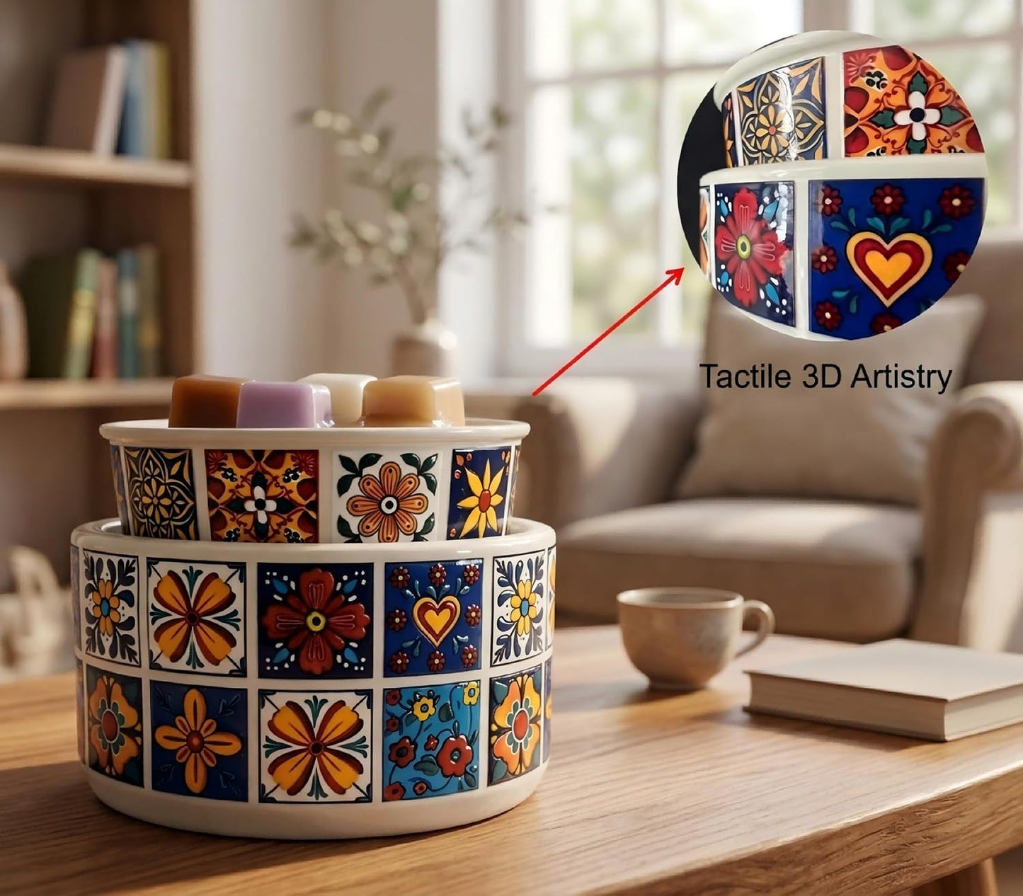 NAFANG Blue & White Porcelain Pattern Wax Melt Warmer,Ceramic 3-in-1 Electric Candle Wax Warmer for Scented Wax Melter Oil Burner for Home Office Bedroom Gift & Decor (with KD Iron Shelf)