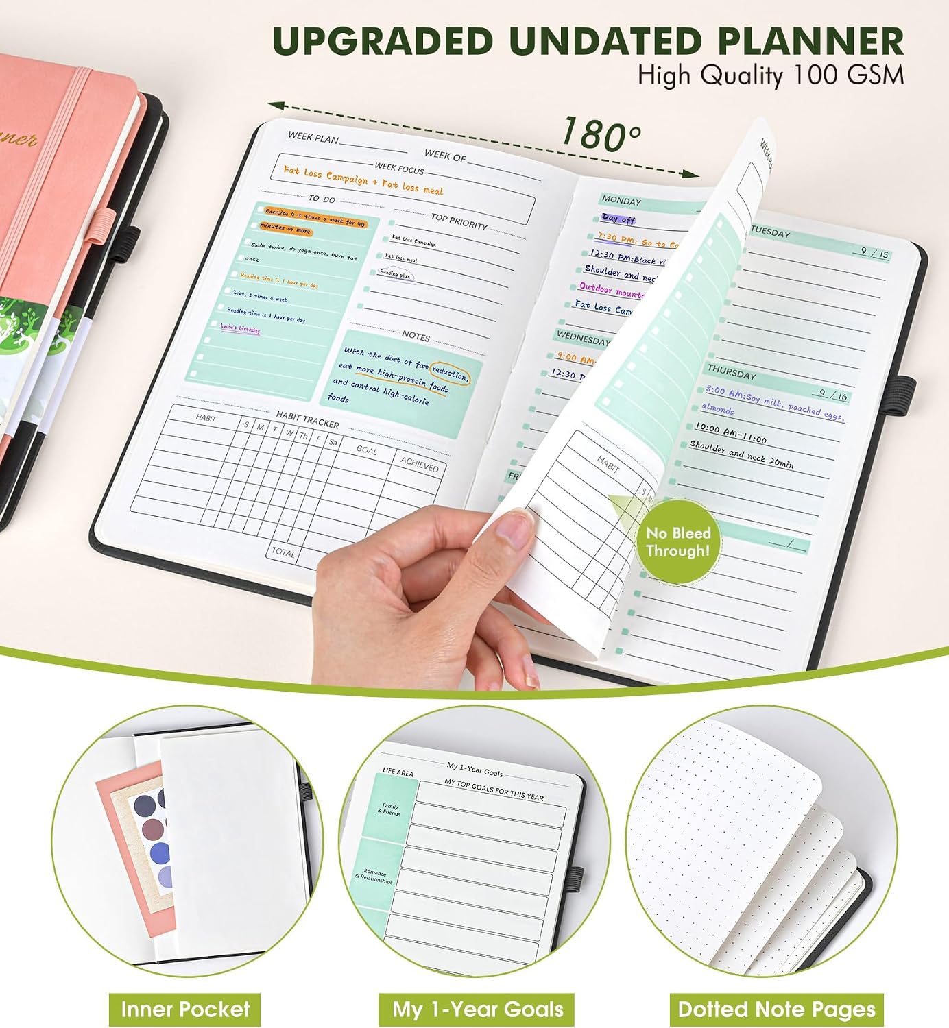 Undated Weekly and Monthly Planner, Hardcover Leather Calendar Blank Planner, Simplified To Do List Notebook with Goal & Habit Tracker Organizer, A5 Daily Weekly Planner for Work School Home, Black